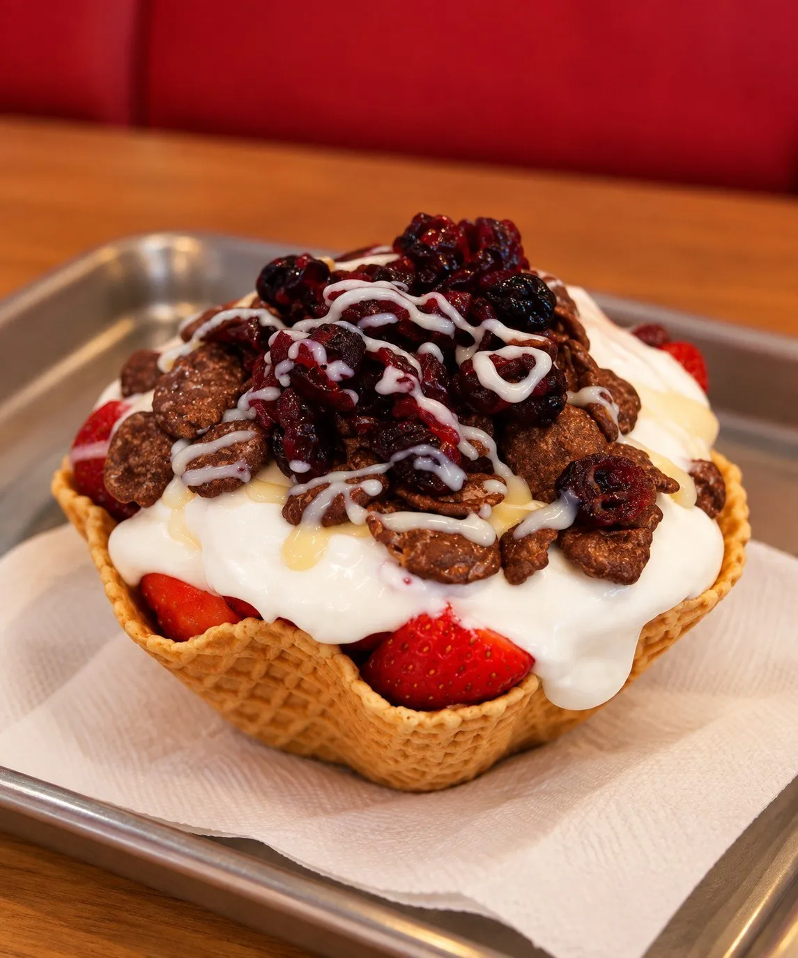Canasta de fresas de Freseable: Canasta de galleta crujiente llena de fresas y chantilly, con cereal de chocolate, frutos rojos y un hilo de leche condensada.