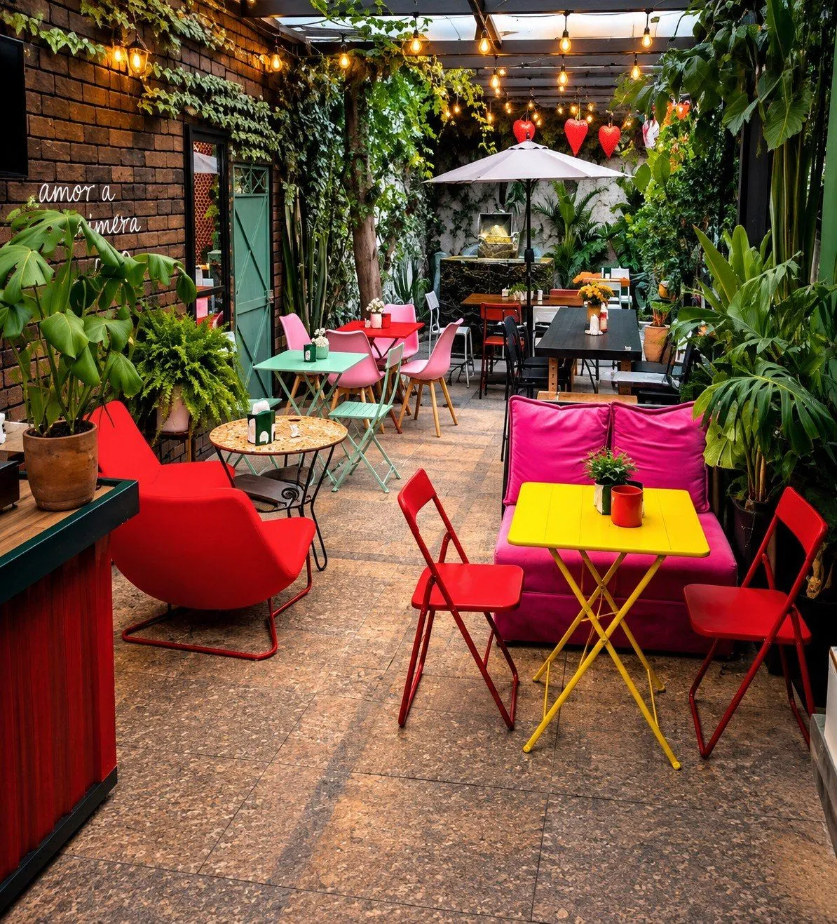 Terraza de Freseable con plantas, luces colgantes, corazones rojos, sofá rosa y mesas de colores